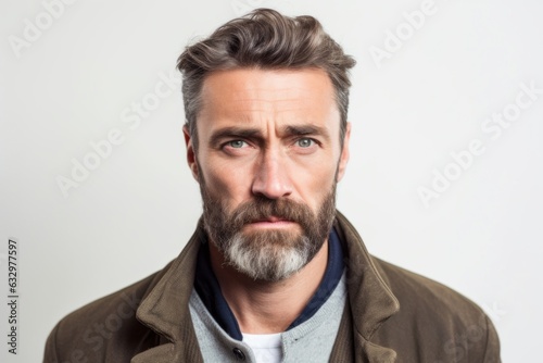 Close-up portrait photography of a man in his 30s with a somber and deeply sad expression due to major depression wearing a chic cardigan against a white background 
