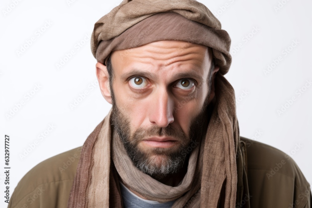 Medium shot portrait photography of a man in his 30s with a somber and deeply sad expression due to major depression wearing a foulard against a white background 