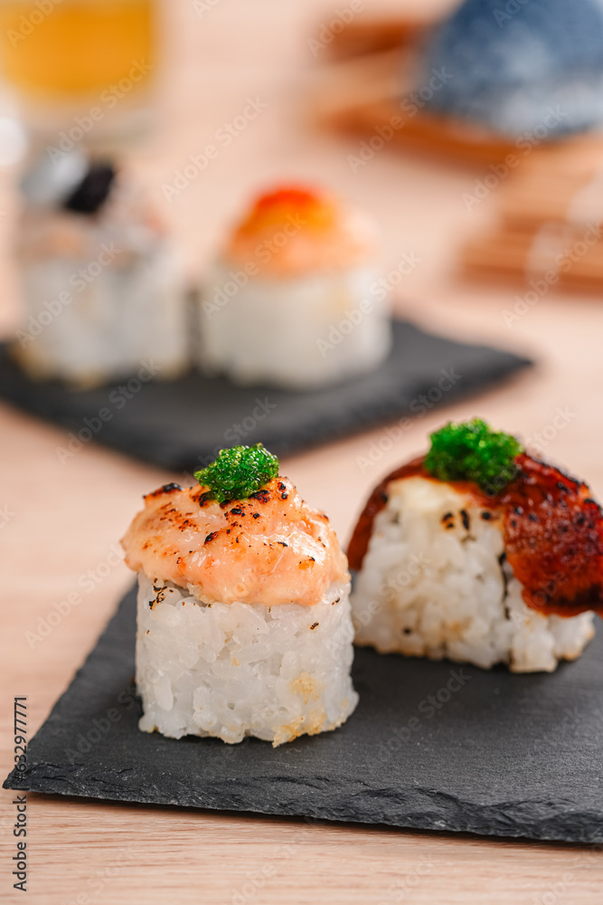 sushi is a Japanese dish of prepared vinegared rice, usually with some sugar and salt, accompanied by a variety of ingredients such as seafood, often raw and vegetables. sushi is a Japanese dish of prepared vinegared rice, usually with some sugar and salt, accompanied by a variety of ingredients such as seafood, often raw and vegetables.