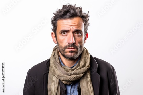 Medium shot portrait photography of a man in his 30s with a somber and deeply sad expression due to major depression wearing a foulard against a white background  © Leon Waltz
