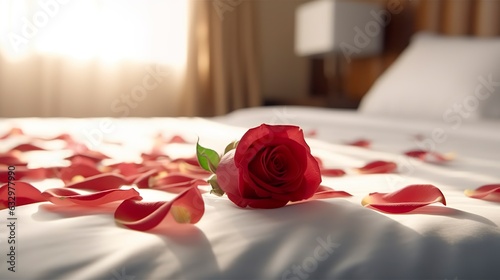 Rose on the bed in the hotel rooms. Rose and her petals on the bed for a romantic evening. honeymoon concept.   photo