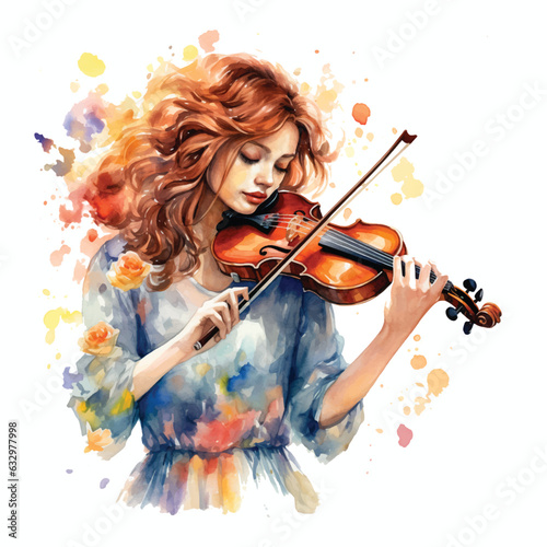 Girl playing violin with flowers watercolor paint