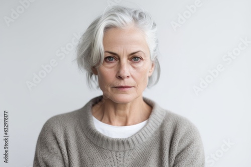 Close-up portrait photography of a woman in her 50s with a somber and deeply sad expression due to major depression wearing a chic cardigan against a white background 