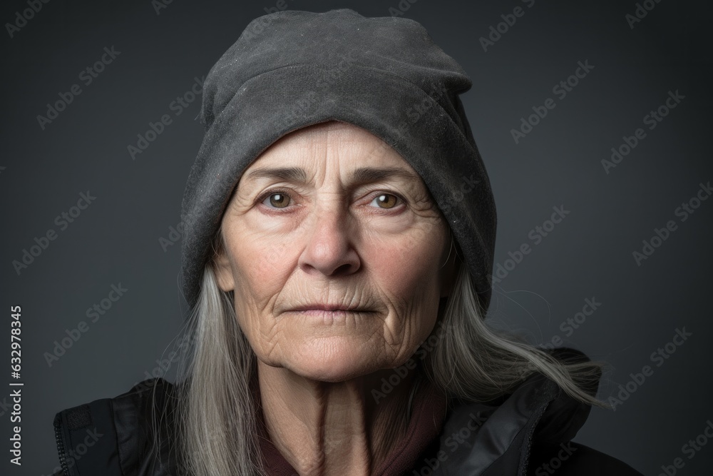 Lifestyle portrait photography of a woman in her 50s with a somber and deeply sad expression due to major depression wearing a cool cap or hat against a white background Lifestyle portrait photography of a woman in her 50s with a somber and deeply sad expression due to major depression wearing a cool cap or hat against a white background