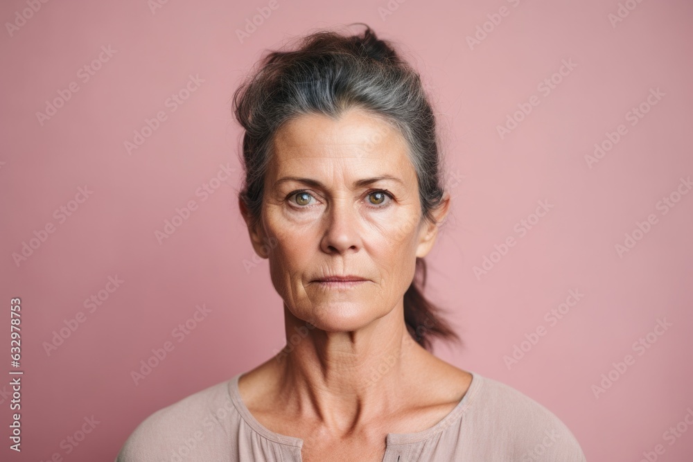 Medium shot portrait photography of a woman in her 40s with a somber and deeply sad expression due to major depression wearing a simple tunic against a pastel or soft colors background 