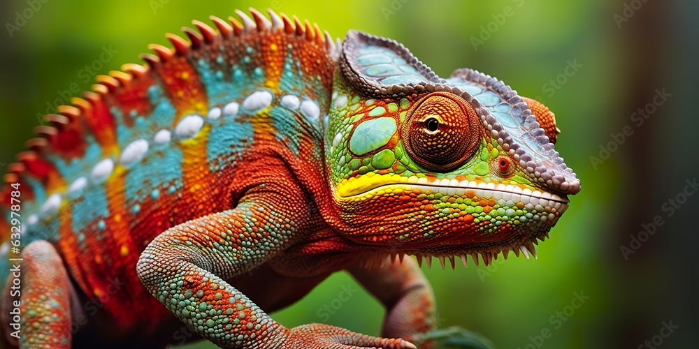 Fototapeta premium A colorful close up chameleon with a high crest on its head. 