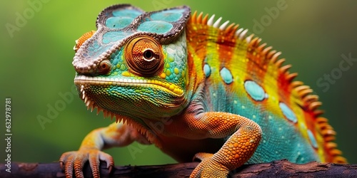 A colorful close up chameleon with a high crest on its head.