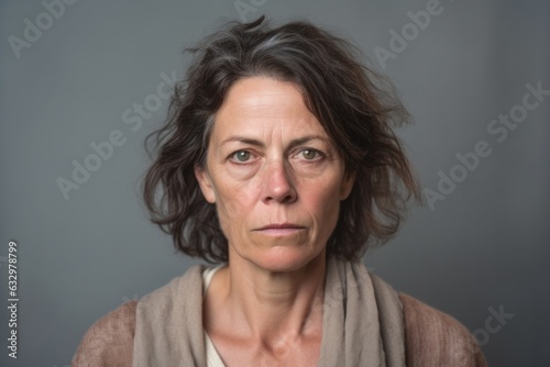Medium shot portrait photography of a woman in her 40s with a somber and deeply sad expression due to major depression wearing a simple tunic against a pastel or soft colors background 