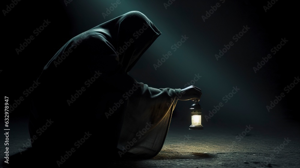 A hooded figure with a lantern searching for something.  - obrazy, fototapety, plakaty 