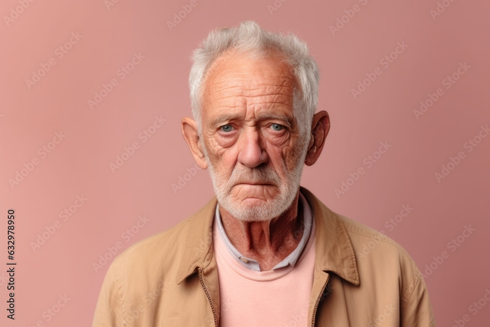 Medium shot portrait photography of a man in his 70s with a somber and deeply sad expression due to major depression wearing a chic cardigan against a pastel or soft colors background Medium shot portrait photography of a man in his 70s with a somber and deeply sad expression due to major depression wearing a chic cardigan against a pastel or soft colors background