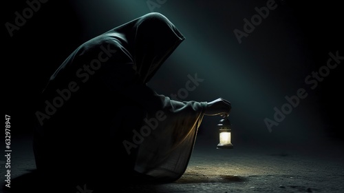 A hooded figure with a lantern searching for something.  photo