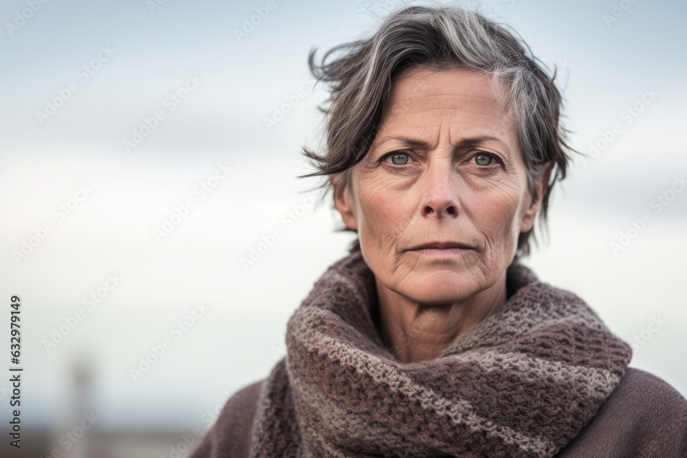 Headshot portrait photography of a woman in her 40s with a somber and deeply sad expression due to major depression wearing a chic cardigan against a sky background Headshot portrait photography of a woman in her 40s with a somber and deeply sad expression due to major depression wearing a chic cardigan against a sky background
