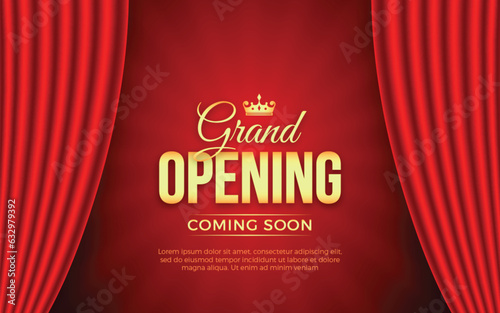 Realistic grand opening invitation banner with red curtains, golden elements and 3d editable text effect