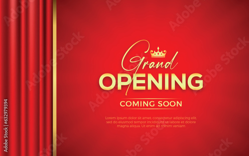 Realistic grand opening invitation banner with red curtains  golden elements and 3d editable text effect