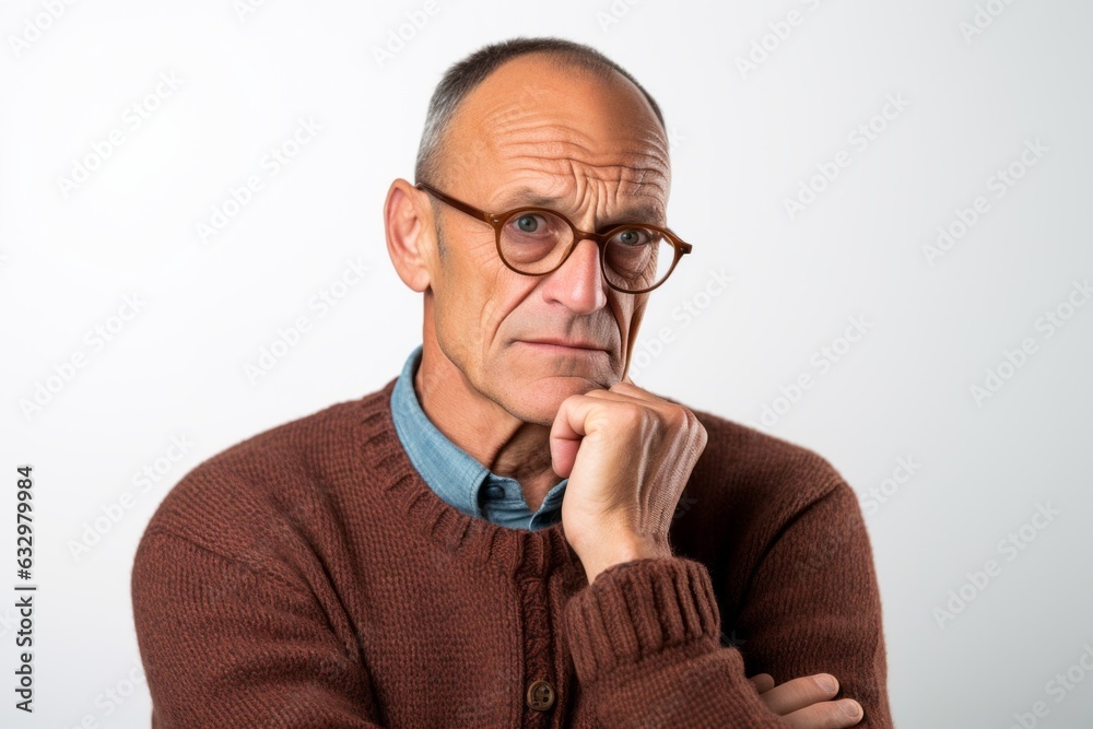 Medium shot portrait photography of a man in his 50s looking anxious and fidgety due to generalized anxiety disorder wearing a chic cardigan against a white background Medium shot portrait photography of a man in his 50s looking anxious and fidgety due to generalized anxiety disorder wearing a chic cardigan against a white background