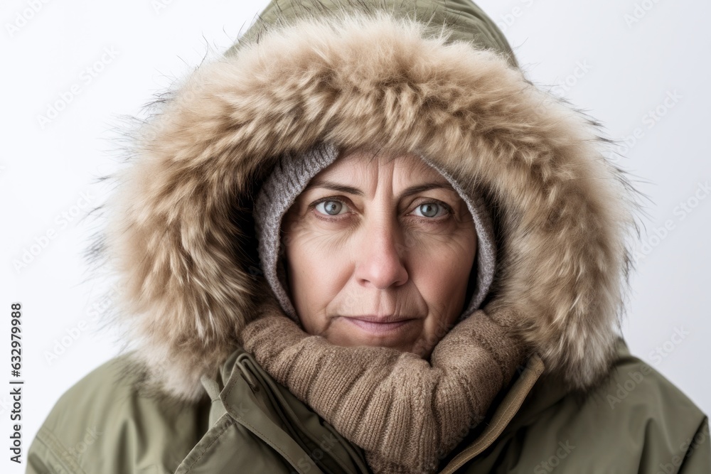 Lifestyle portrait photography of a woman in her 50s looking anxious and fidgety due to generalized anxiety disorder wearing a warm parka against a white background 