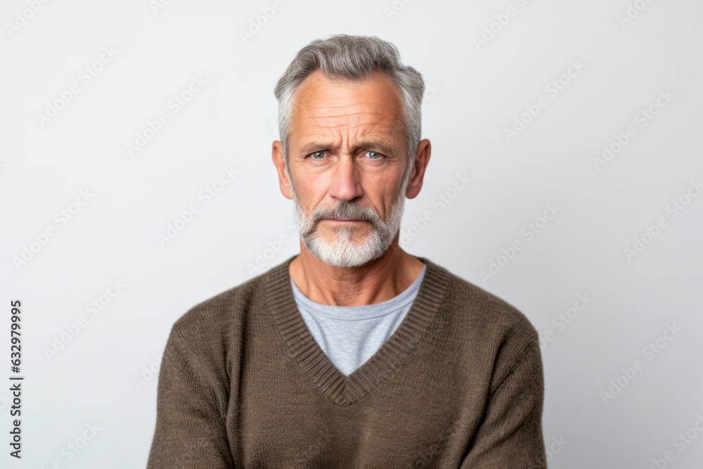 Medium shot portrait photography of a man in his 50s looking anxious and fidgety due to generalized anxiety disorder wearing a chic cardigan against a white background 
