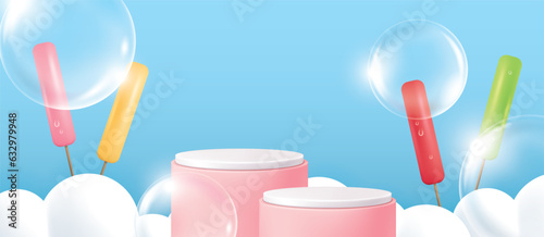 Summer banner for product demonstration. Pink podium or pedestal with ice pop, cloud and bubble on blue background. Vector illustration for poster, banner, flyer, sale, invitation, discount.