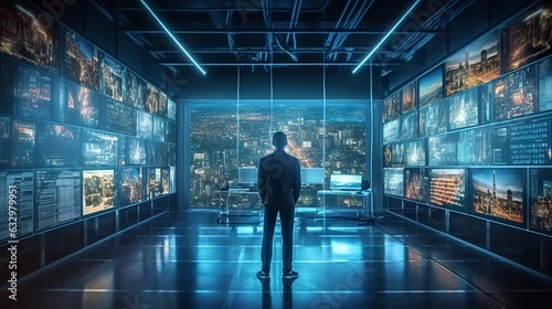 A person watching a video wall with multimedia images on different television screens. 