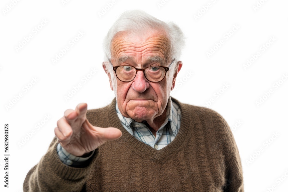 Medium shot portrait photography of a man in his 90s looking anxious and fidgety due to generalized anxiety disorder wearing a chic cardigan against a white background Medium shot portrait photography of a man in his 90s looking anxious and fidgety due to generalized anxiety disorder wearing a chic cardigan against a white background