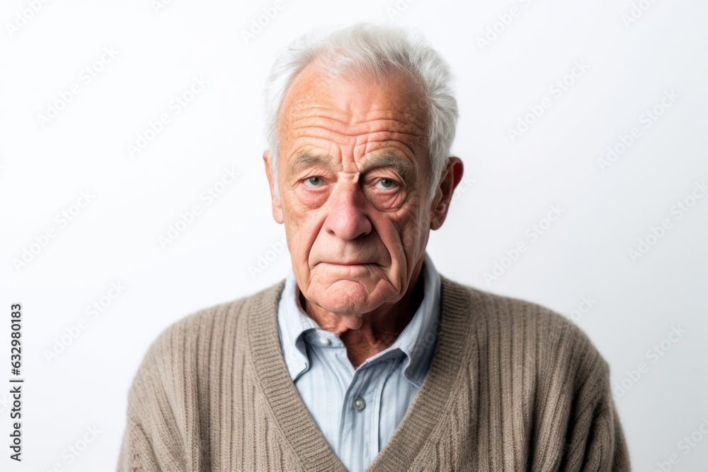 Medium shot portrait photography of a man in his 90s looking anxious and fidgety due to generalized anxiety disorder wearing a chic cardigan against a white background Medium shot portrait photography of a man in his 90s looking anxious and fidgety due to generalized anxiety disorder wearing a chic cardigan against a white background