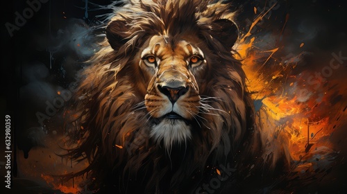 A Fierce Roaring Lion Surrounded by Trees In A Vibrant Forest  With Flowing Flames Coming From Its Orange Mane