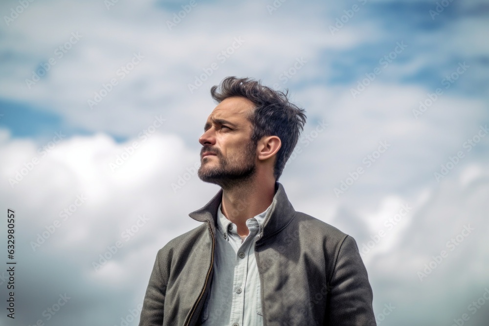 Medium shot portrait photography of a man in his 30s looking anxious and fidgety due to generalized anxiety disorder wearing a chic cardigan against a sky and clouds background Medium shot portrait photography of a man in his 30s looking anxious and fidgety due to generalized anxiety disorder wearing a chic cardigan against a sky and clouds background