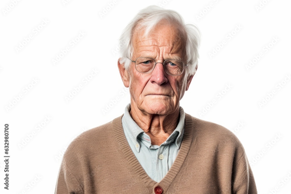 Medium shot portrait photography of a man in his 80s clutching his abdomen due to irritable bowel syndrome wearing a chic cardigan against a white background Medium shot portrait photography of a man in his 80s clutching his abdomen due to irritable bowel syndrome wearing a chic cardigan against a white background