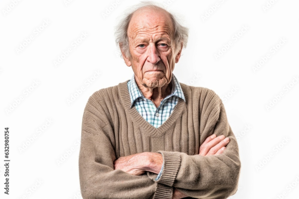 Lifestyle portrait photography of a man in his 80s clutching his abdomen due to irritable bowel syndrome wearing a chic cardigan against a white background Lifestyle portrait photography of a man in his 80s clutching his abdomen due to irritable bowel syndrome wearing a chic cardigan against a white background