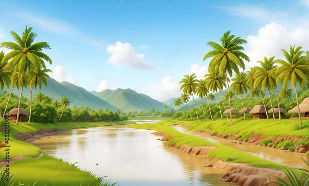 Spring landscape morning in village with green meadow on hills, orang and blue sky, Spring panorama view by the river, Countryside with river,green field,wild flowers and sunset. coconut plantation.
