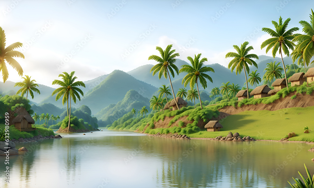 Fototapeta premium Spring landscape morning in village with green meadow on hills, orang and blue sky, Spring panorama view by the river, Countryside with river,green field,wild flowers and sunset. coconut plantation.