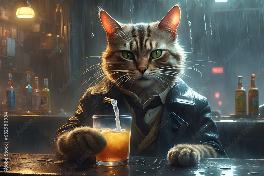 A cat winking and drinking a drink on a rainy day
generative ai