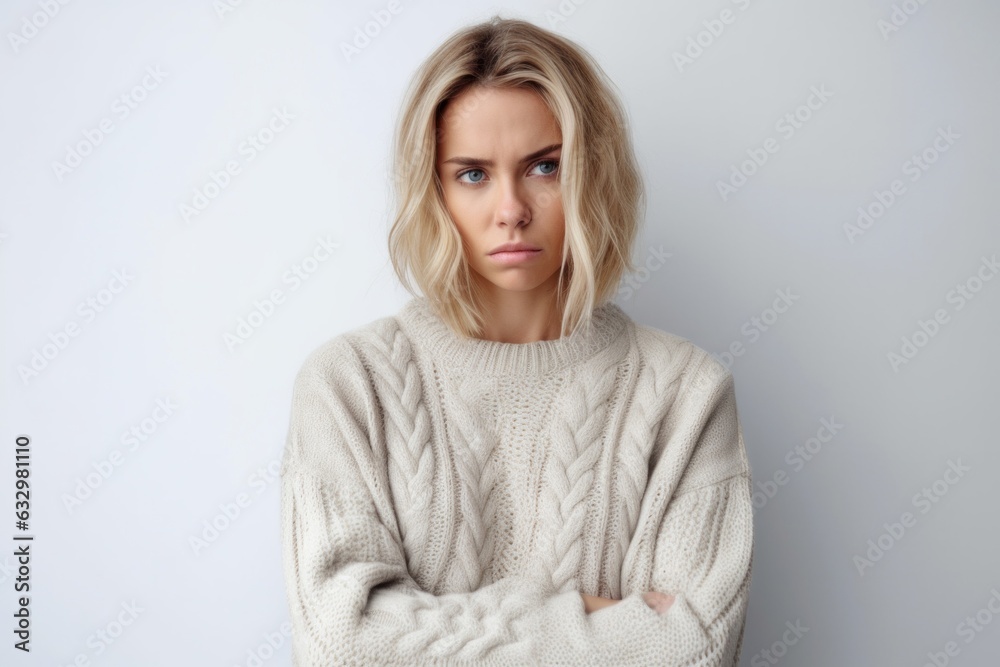 Medium shot portrait photography of a woman in her 30s visibly in discomfort and fatigue from an autoimmune disease like lupus wearing a cozy sweater against a white background