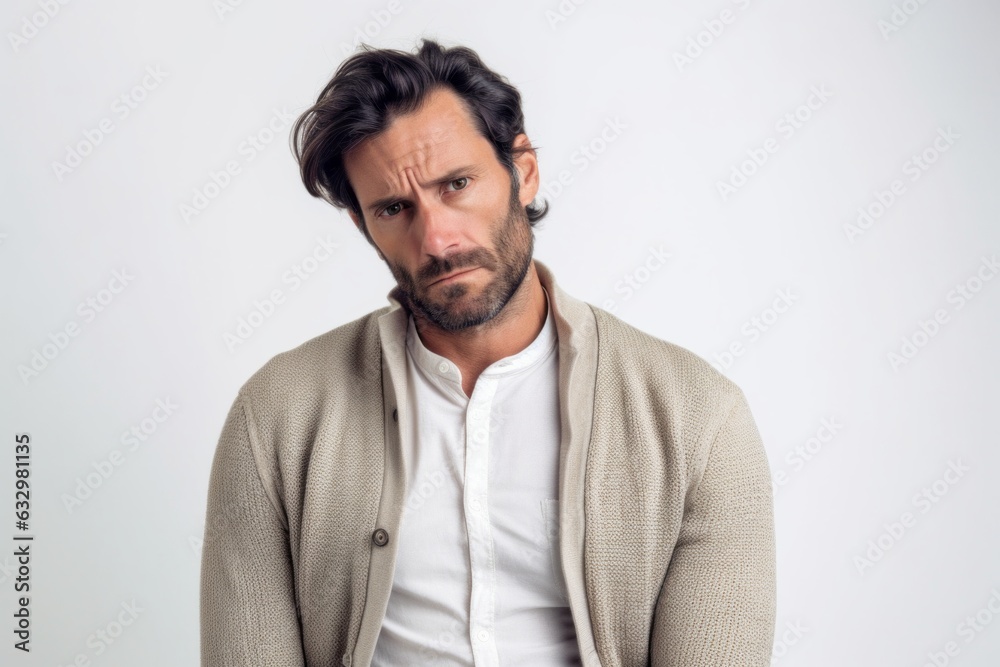 Medium shot portrait photography of a man in his 30s visibly in discomfort and fatigue from an autoimmune disease like lupus wearing a chic cardigan against a white background Medium shot portrait photography of a man in his 30s visibly in discomfort and fatigue from an autoimmune disease like lupus wearing a chic cardigan against a white background