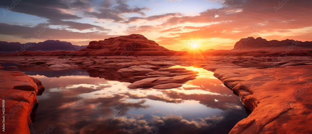 Desert Salt Lake: Sunset's Reflection in Tranquil Waters, generative ai 