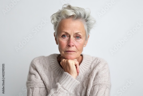 Medium shot portrait photography of a woman in her 50s visibly in discomfort and fatigue from an autoimmune disease like lupus wearing a cozy sweater against a white background  photo