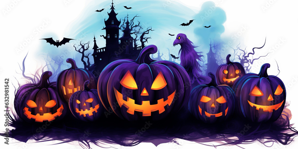 Illustration of halloween castle silhouettes with bats and pumpkins background. Transparent background