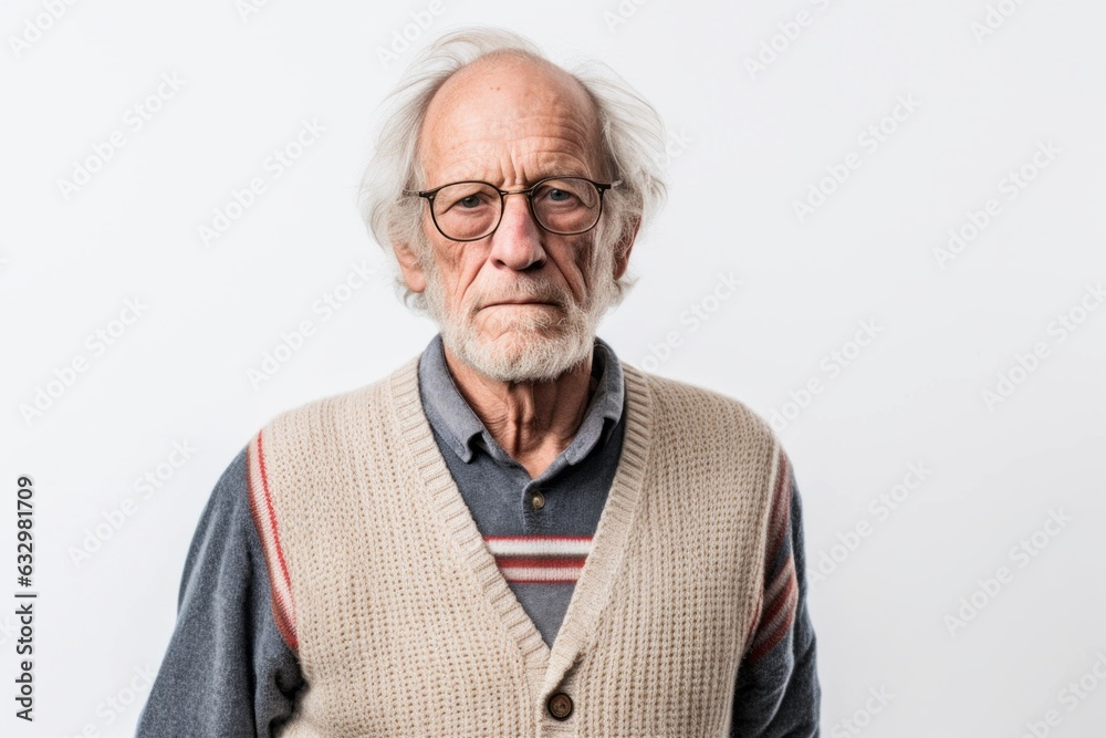 Group portrait photography of a man in his 70s visibly in discomfort and fatigue from an autoimmune disease like lupus wearing a chic cardigan against a white background Group portrait photography of a man in his 70s visibly in discomfort and fatigue from an autoimmune disease like lupus wearing a chic cardigan against a white background