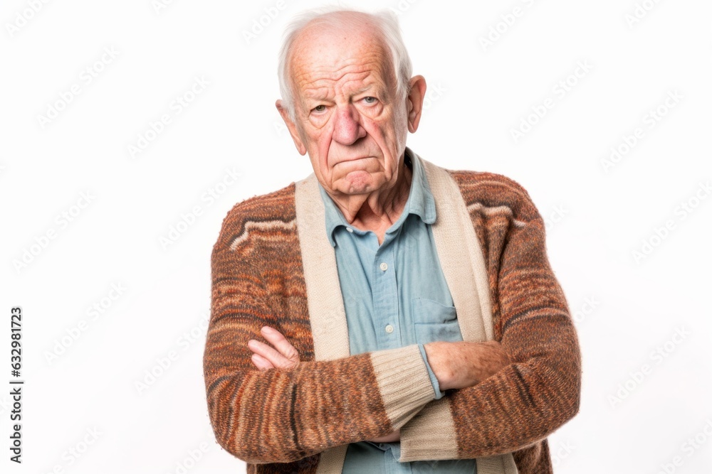 Group portrait photography of a man in his 80s visibly in discomfort and fatigue from an autoimmune disease like lupus wearing a chic cardigan against a white background 