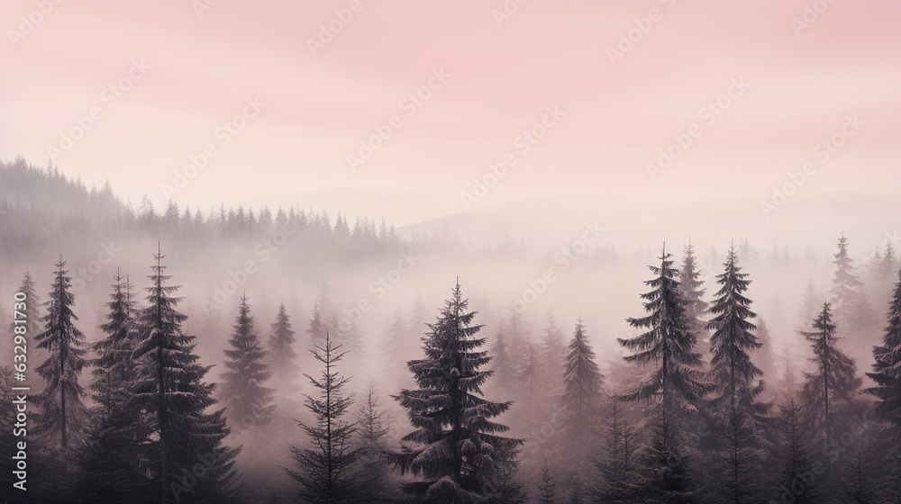 forest with a pink fog and pink Sky