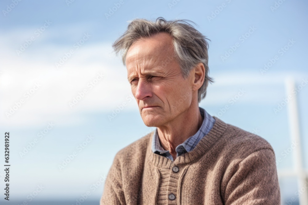 Medium shot portrait photography of a man in his 50s visibly in discomfort and fatigue from an autoimmune disease like lupus wearing a chic cardigan against a sky background Medium shot portrait photography of a man in his 50s visibly in discomfort and fatigue from an autoimmune disease like lupus wearing a chic cardigan against a sky background