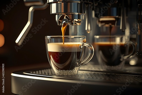 A professional coffee machine preparing an espresso coffee in a glass cup