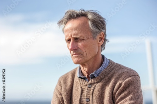 Medium shot portrait photography of a man in his 50s visibly in discomfort and fatigue from an autoimmune disease like lupus wearing a chic cardigan against a sky background 
