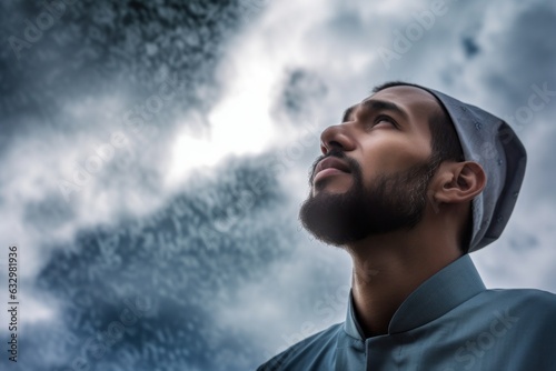 Medium shot portrait photography of a man in his 30s visibly in discomfort and fatigue from an autoimmune disease like lupus wearing hijab against a sky and clouds background 