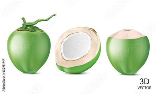 vector illustration fresh green coconuts and half of green coconuts isolated on the white background.use for tasty green coconut drink concept.