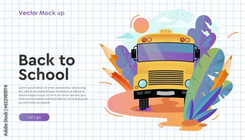 Web banner with school bus on road, checkered paper pattern. Back to school