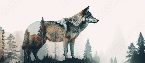 Generative AI illustration of wolf and forest double exposure, Generative AI
