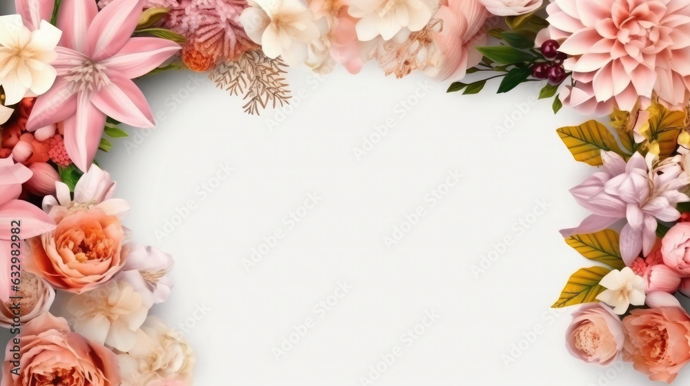 pink and white flowers photo frame with space in white background pink and white flowers photo frame with space in white background