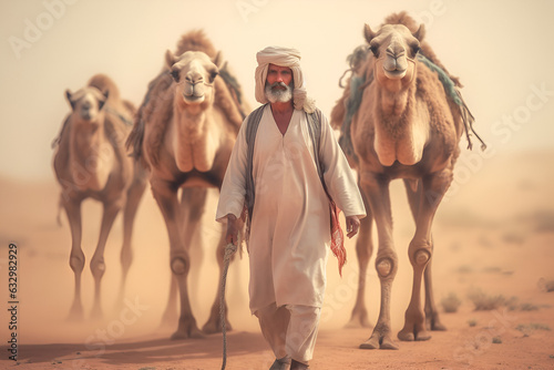 Arabic Desert Journey: Traditional Garb, Man, and Camels Traverse Sands, generative ai
