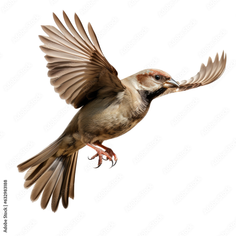a House Sparrow in-flight in a Nature-themed, photorealistic illustration in a PNG format, cutout, and isolated. Generative AI a House Sparrow in-flight in a Nature-themed, photorealistic illustration in a PNG format, cutout, and isolated. Generative AI